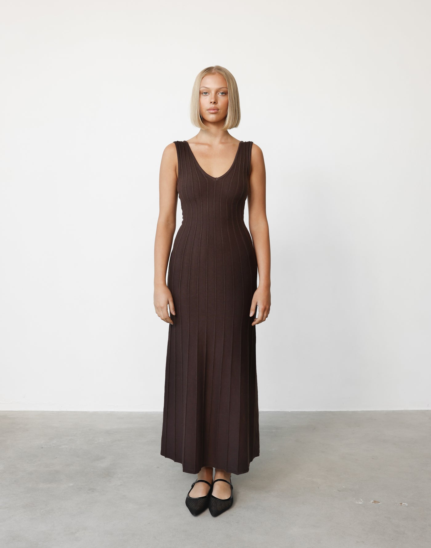 Aurelia Maxi Dress (Chocolate) | CHARCOAL Exclusive - Ribbed Scooped Back V-neck Front Maxi Dress - Women's Dress - Charcoal Clothing