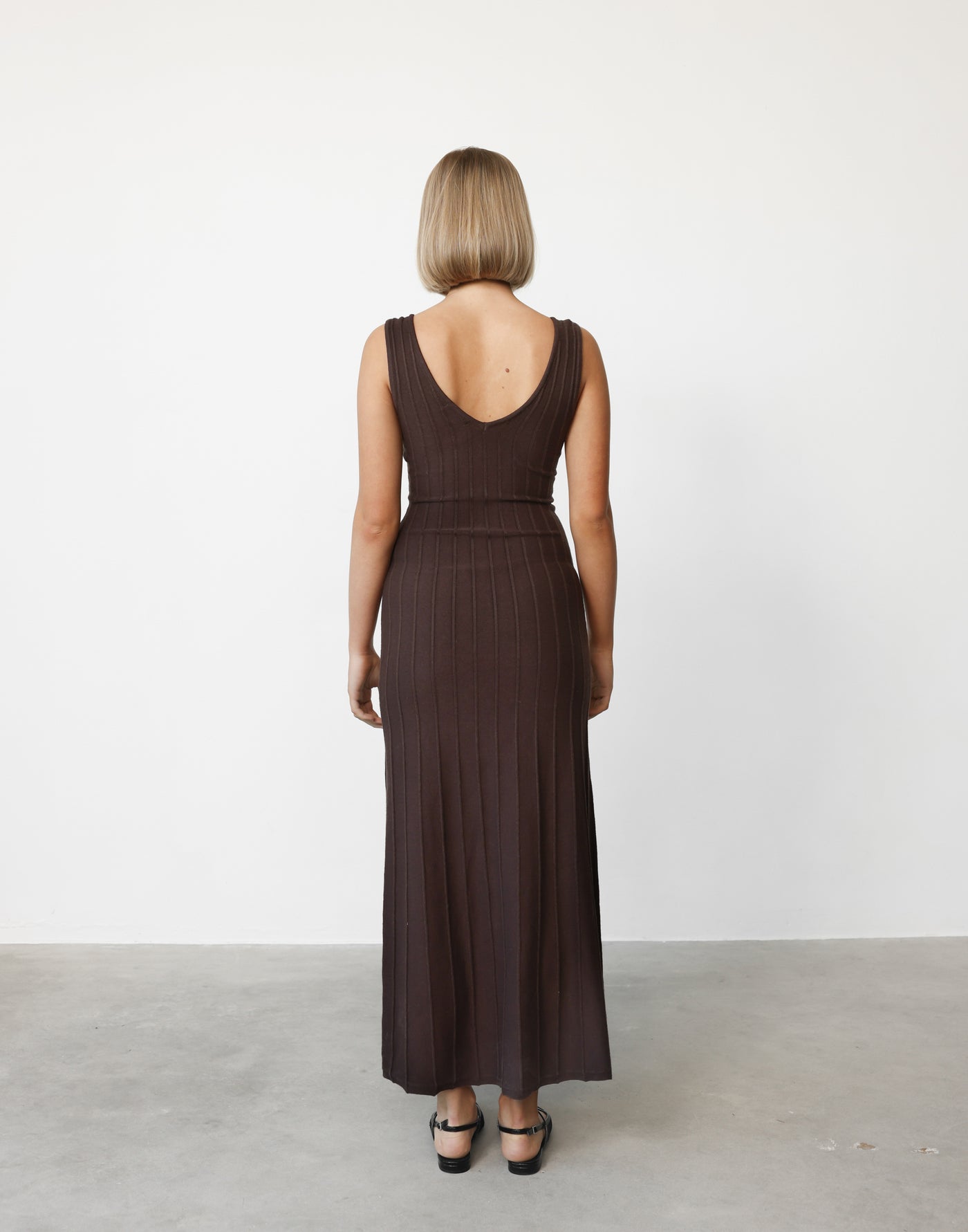 Aurelia Maxi Dress (Chocolate) | CHARCOAL Exclusive - Ribbed Scooped Back V-neck Front Maxi Dress - Women's Dress - Charcoal Clothing