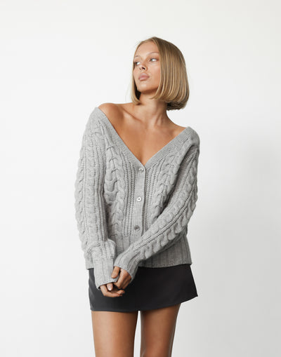 Bailey Cardigan (Grey) - V-neck Ribbed Hemlines Knit Cardigan - Women's Outerwear - Charcoal Clothing