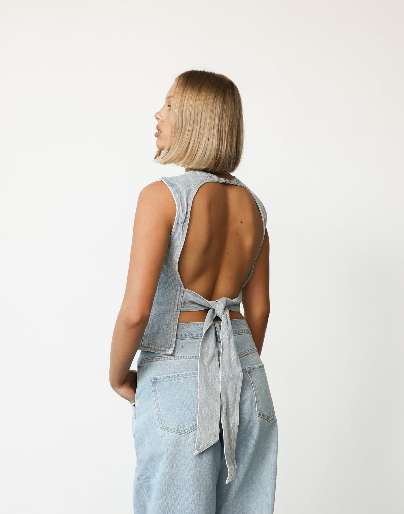 Countryside Top (Classic Denim) - By Lioness - Tie-Up Open Back Top - Women's Top - Charcoal Clothing