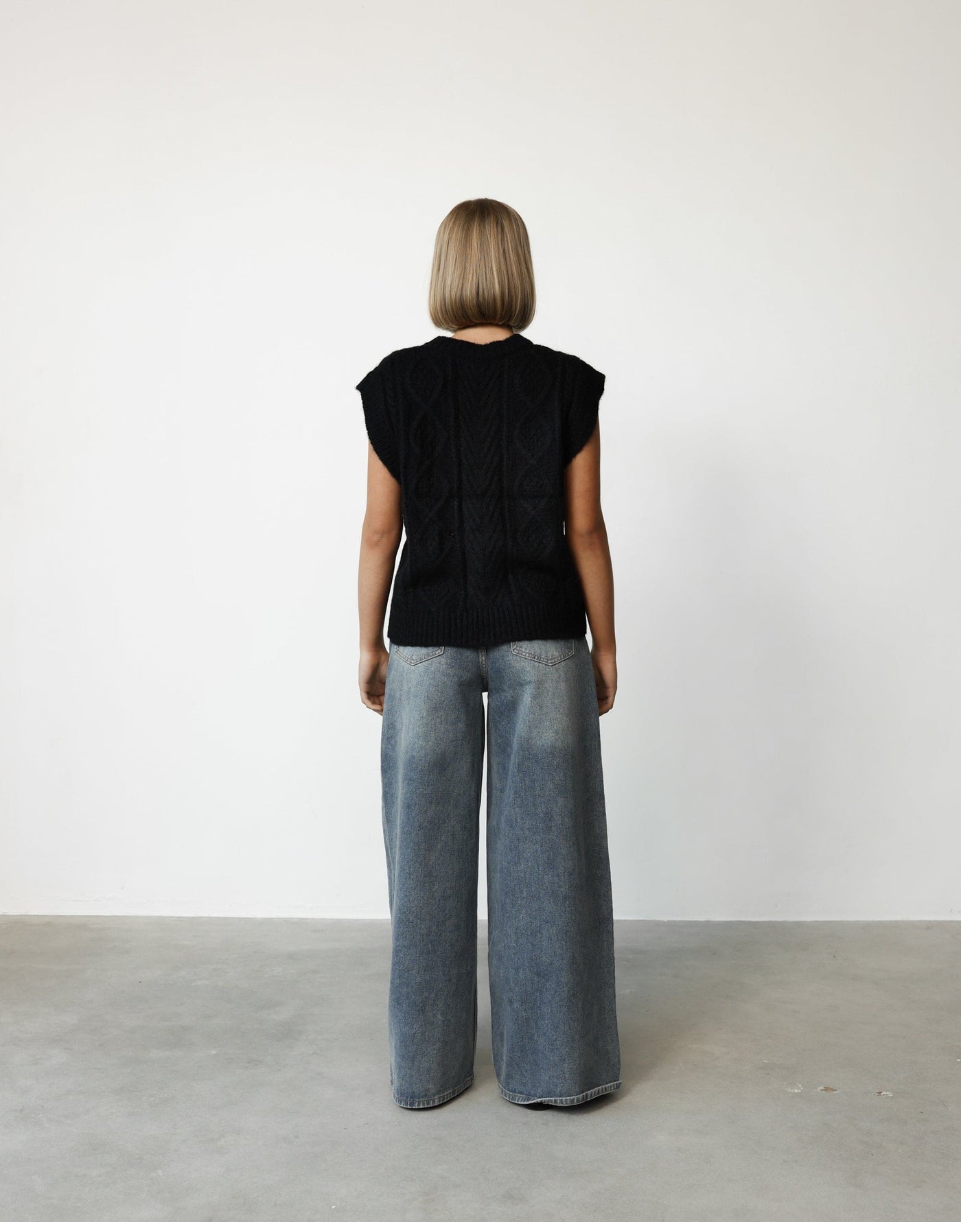 Shana Knit Vest (Black) - Oversized Rounded Neckline Knit - Women's Top - Charcoal Clothing