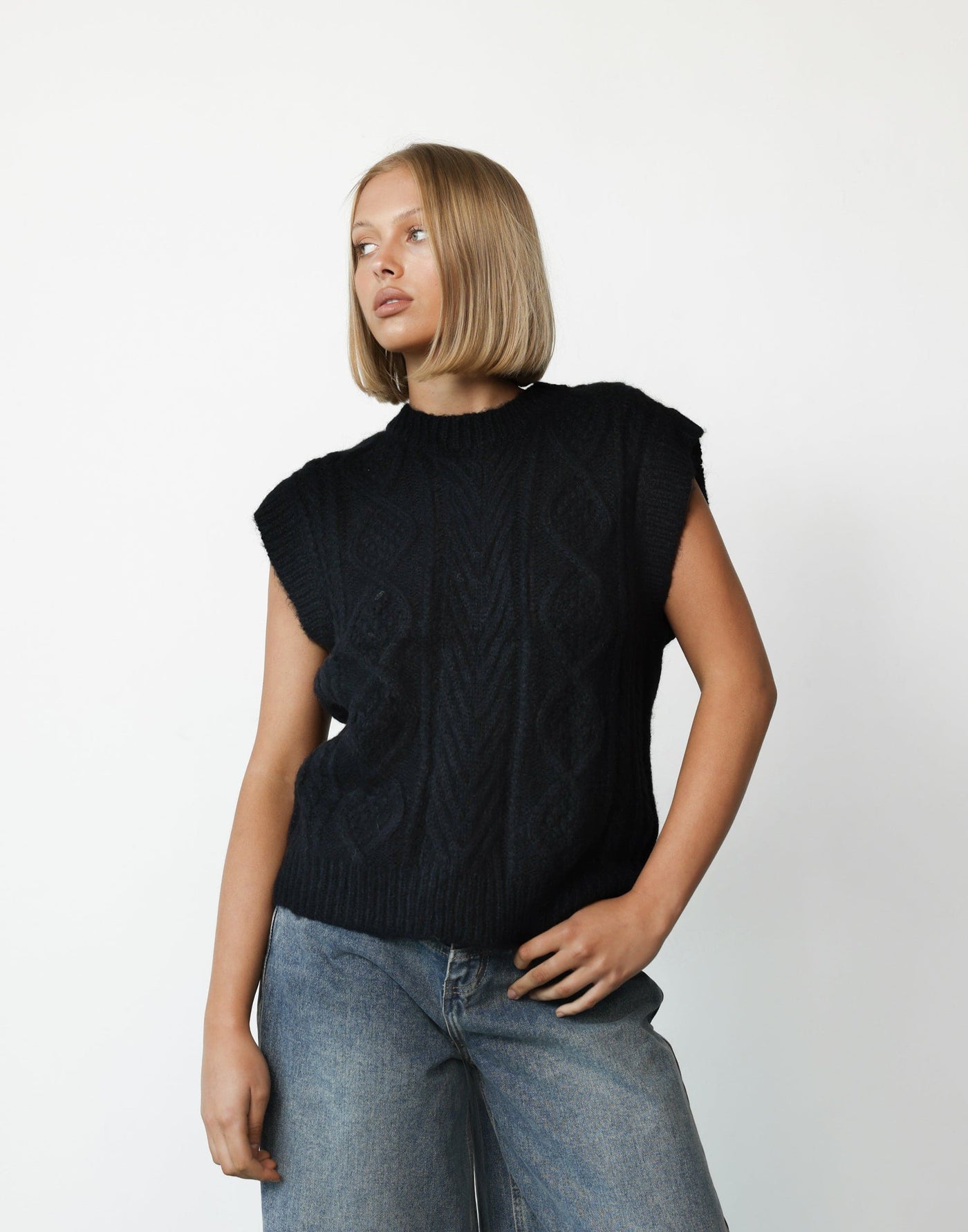 Shana Knit Vest (Black) - Oversized Rounded Neckline Knit - Women's Top - Charcoal Clothing