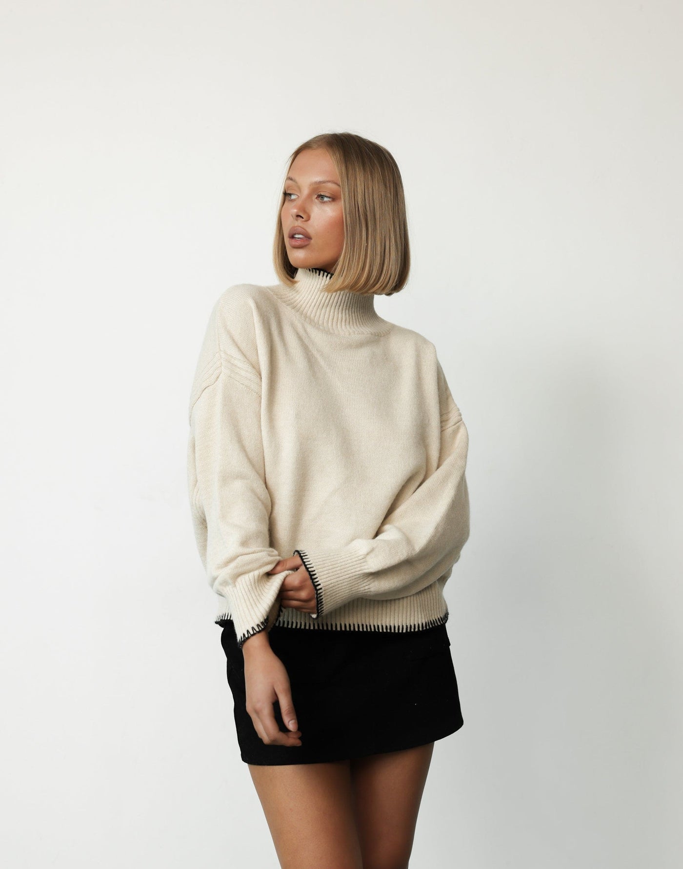 Holly Jumper (Beige) - High Neck Relaxed Fit Oversized Jumper - Women's Top - Charcoal Clothing