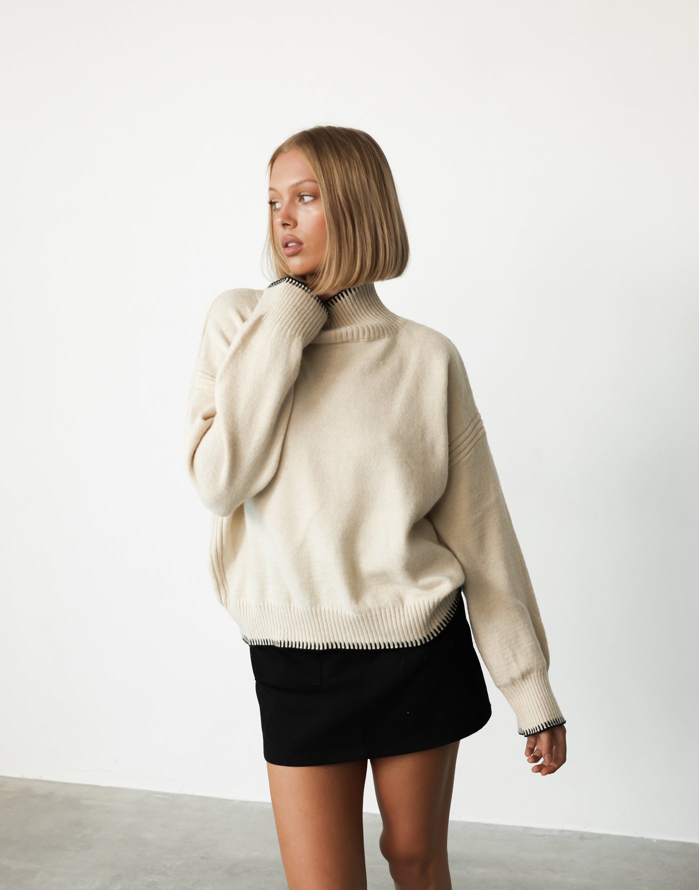 Holly Jumper (Beige) - High Neck Relaxed Fit Oversized Jumper - Women's Top - Charcoal Clothing