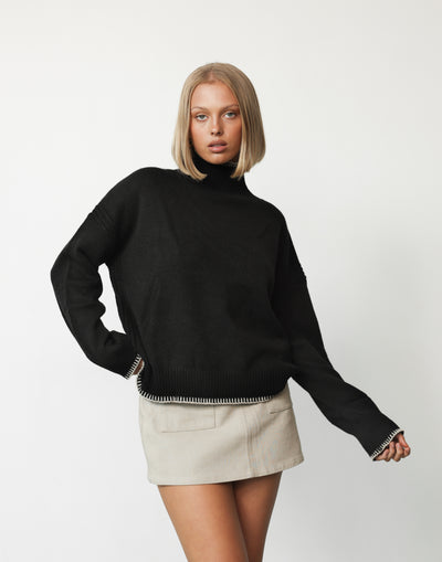 Holly Jumper (Black) - High Neck Relaxed Fit Oversized Jumper - Women's Top - Charcoal Clothing