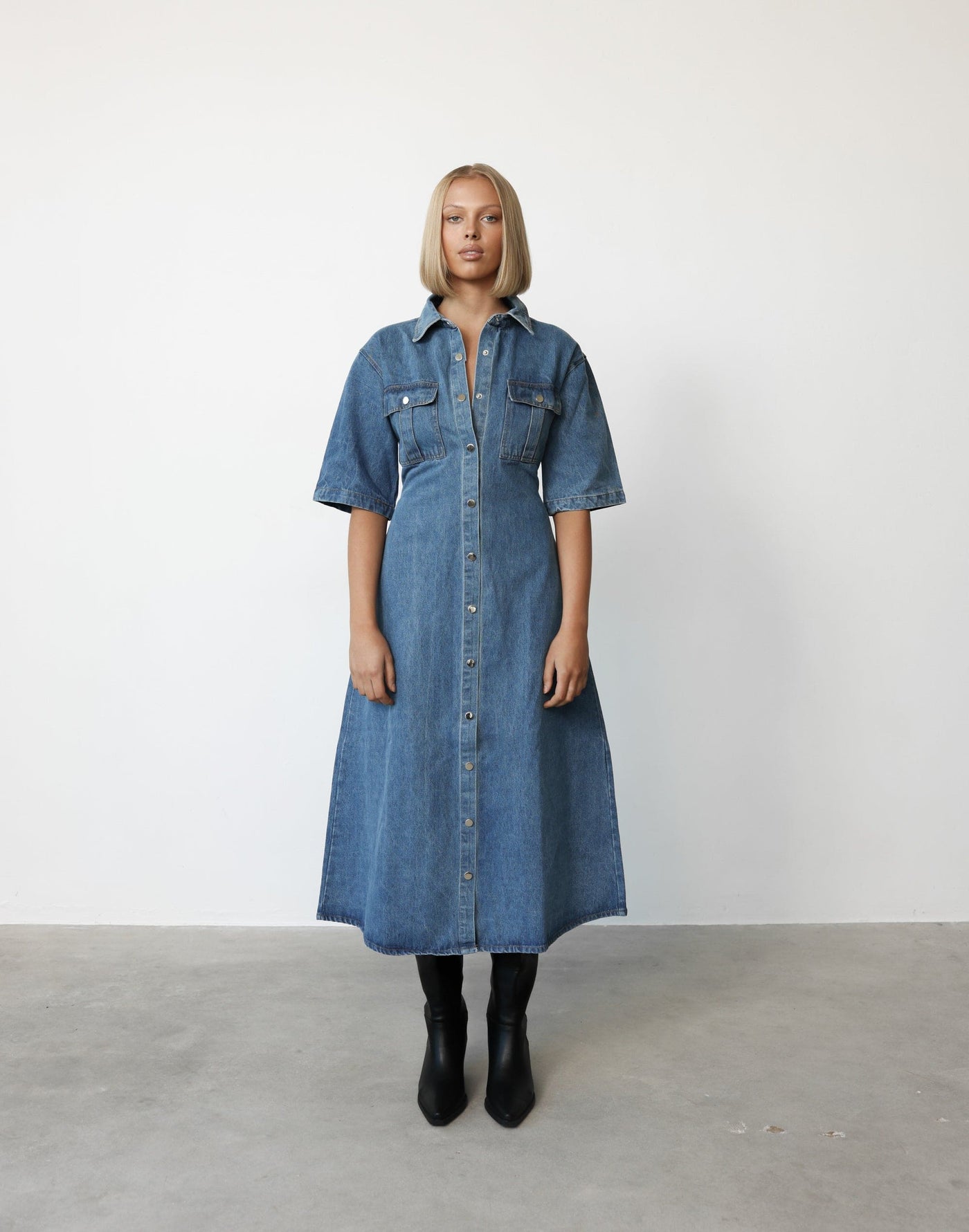 Hadid Maxi Dress (Vintage Blue) - Button Closure Collared Neckline Denim Maxi Dress - Women's Dress - Charcoal Clothing