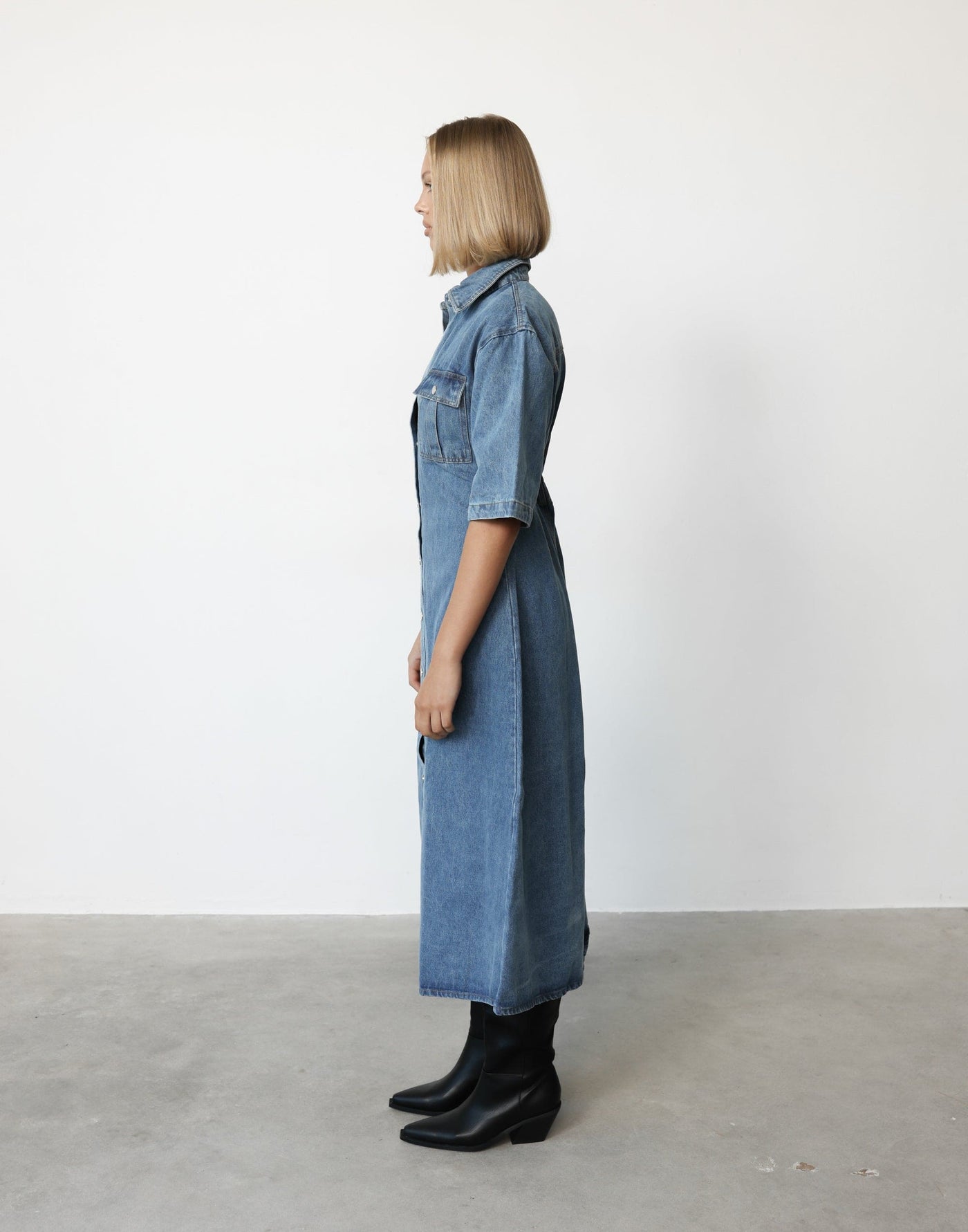 Hadid Maxi Dress (Vintage Blue) - Button Closure Collared Neckline Denim Maxi Dress - Women's Dress - Charcoal Clothing