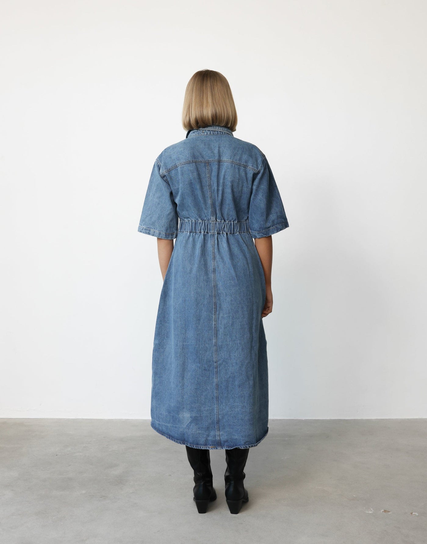 Hadid Maxi Dress (Vintage Blue) - Button Closure Collared Neckline Denim Maxi Dress - Women's Dress - Charcoal Clothing