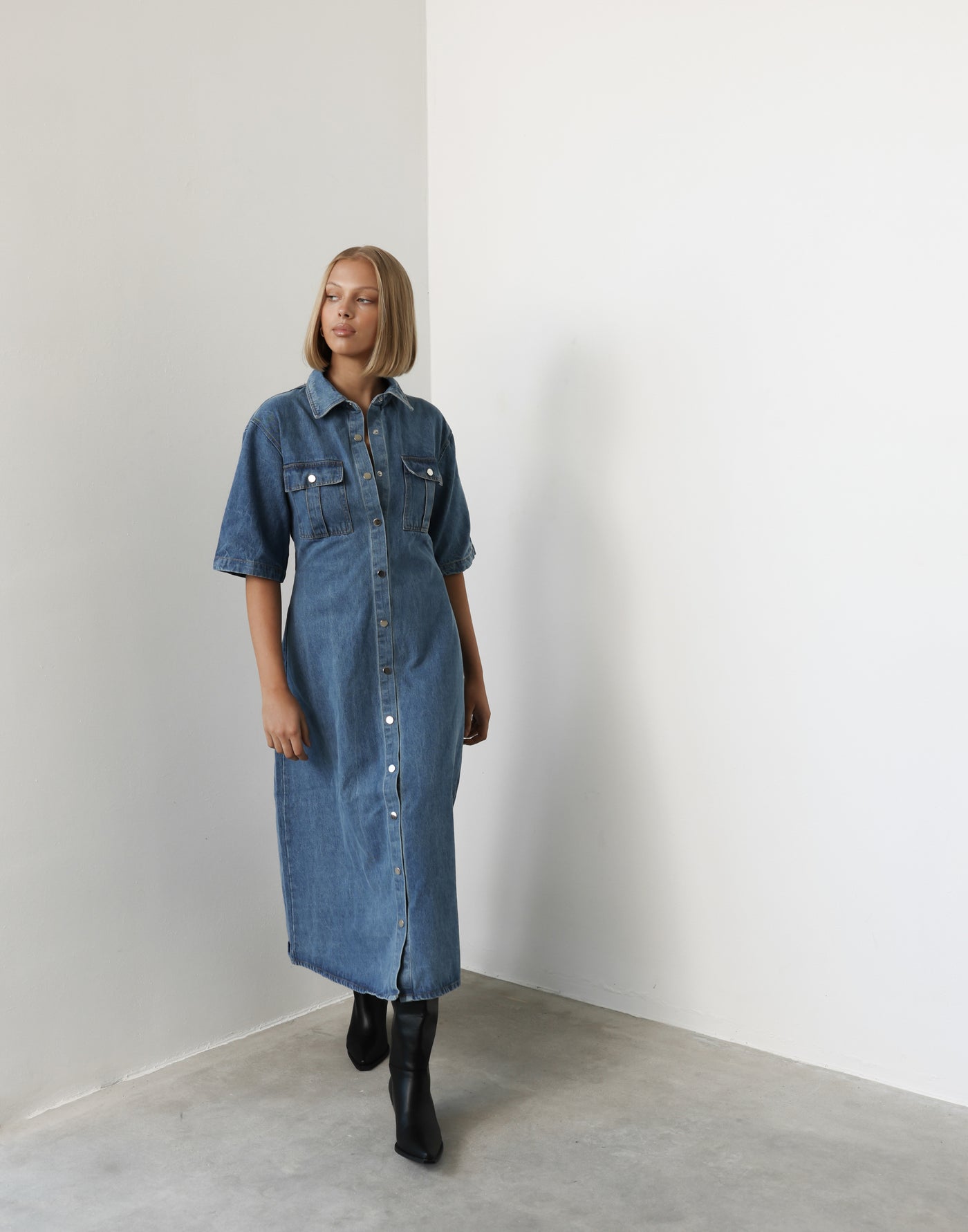 Hadid Maxi Dress (Vintage Blue) - Button Closure Collared Neckline Denim Maxi Dress - Women's Dress - Charcoal Clothing