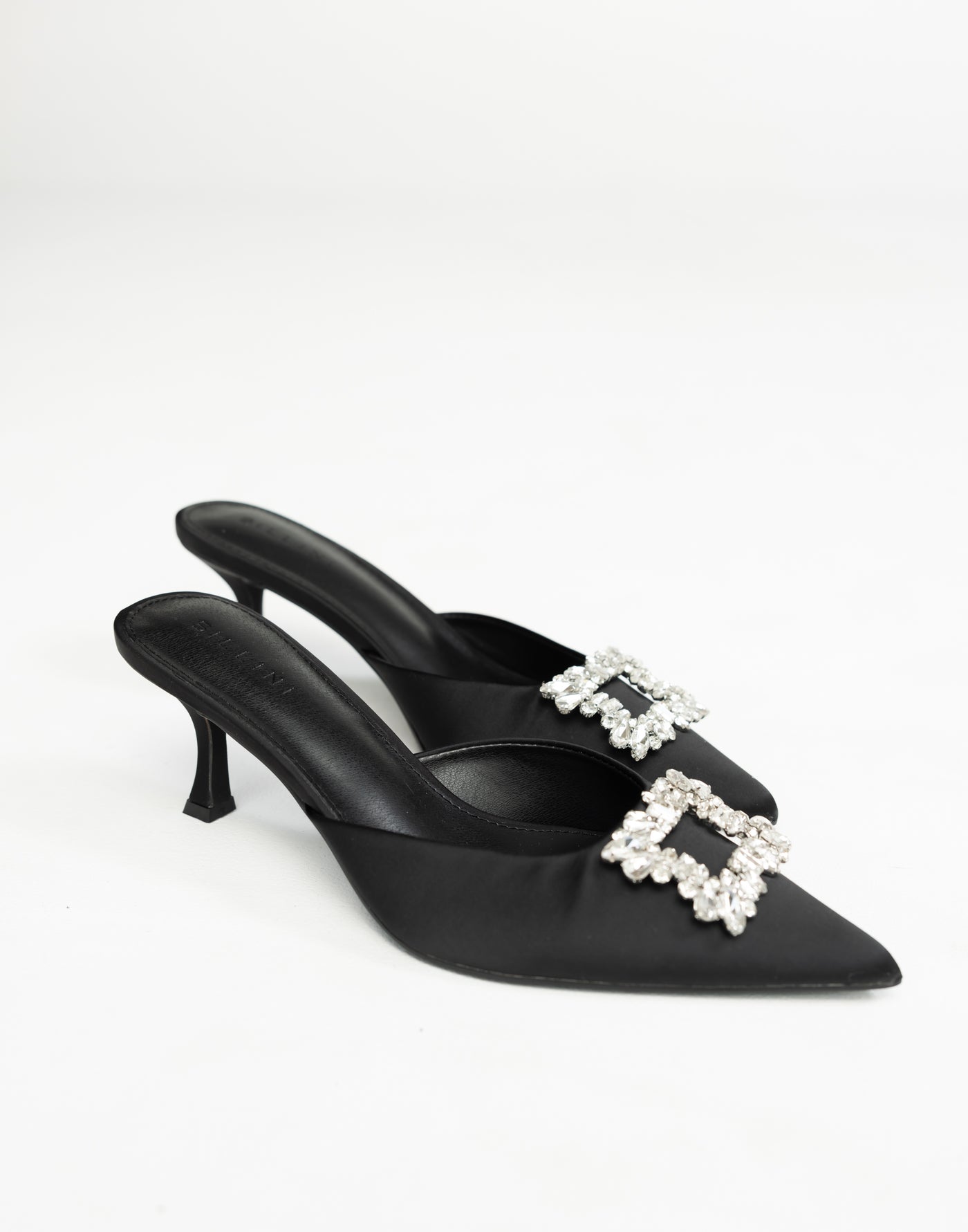 Promise Heels (Black Satin) - By Billini - Low Pointed Mule - Women's Shoes - Charcoal Clothing