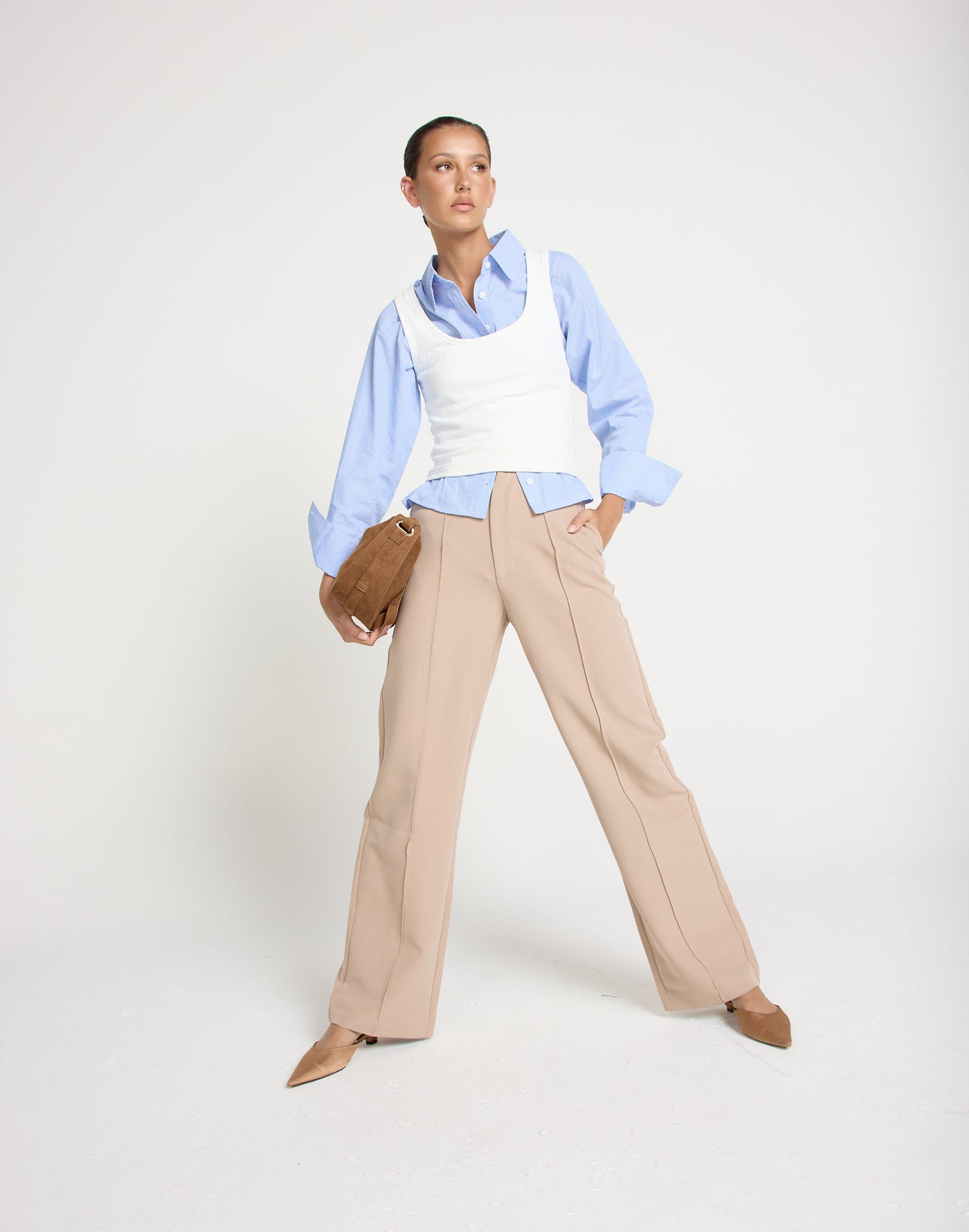 Colden Pants (Beige) - High Waisted Pleat Detail Pants - Women's Pants - Charcoal Clothing