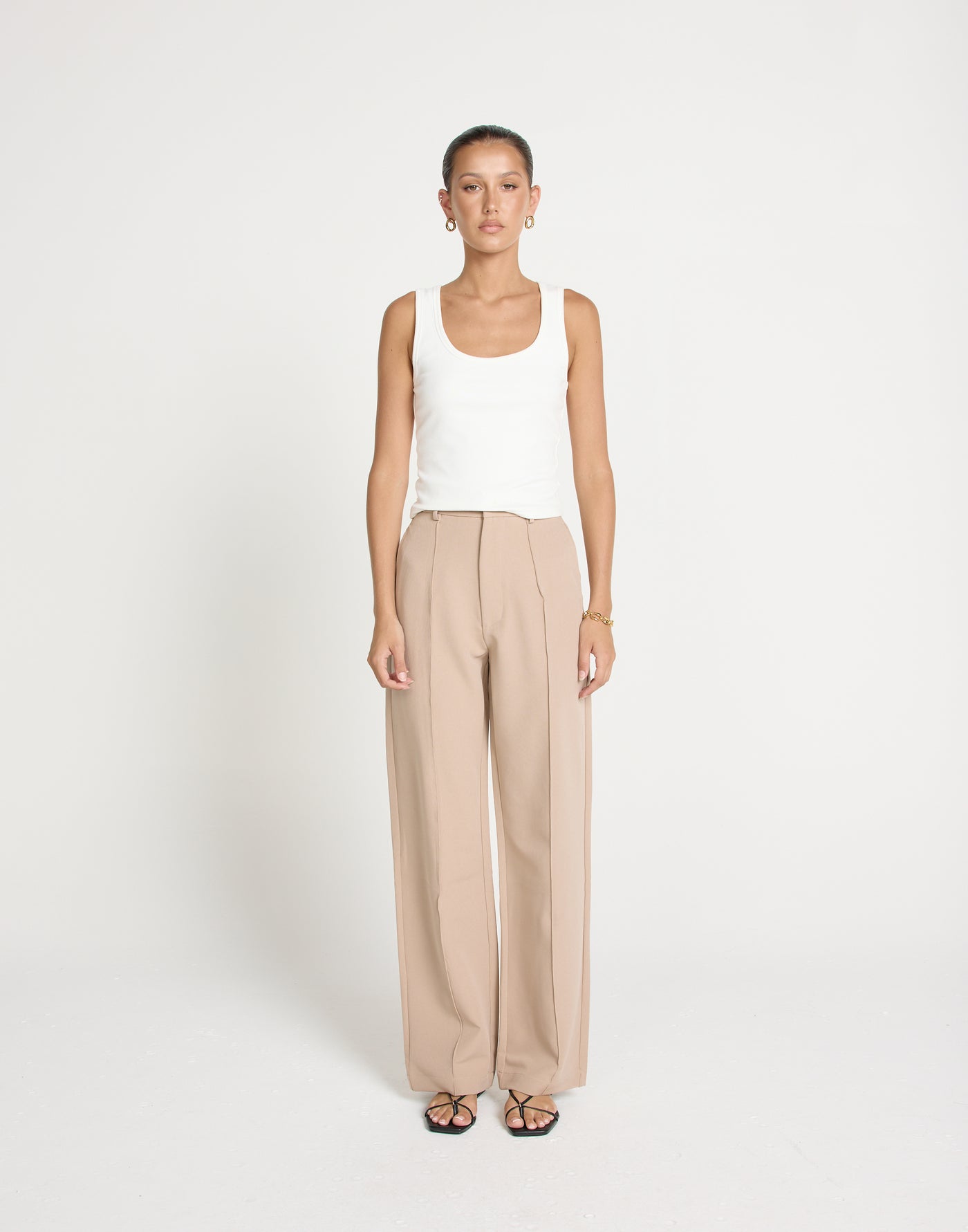 Colden Pants (Beige) - High Waisted Pleat Detail Pants - Women's Pants - Charcoal Clothing