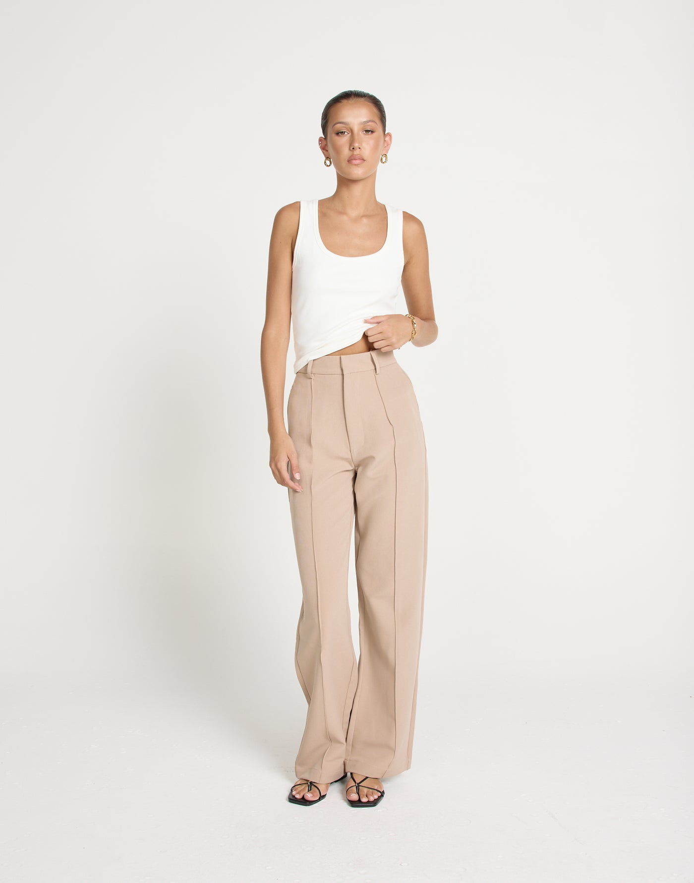 Colden Pants (Beige) - High Waisted Pleat Detail Pants - Women's Pants - Charcoal Clothing