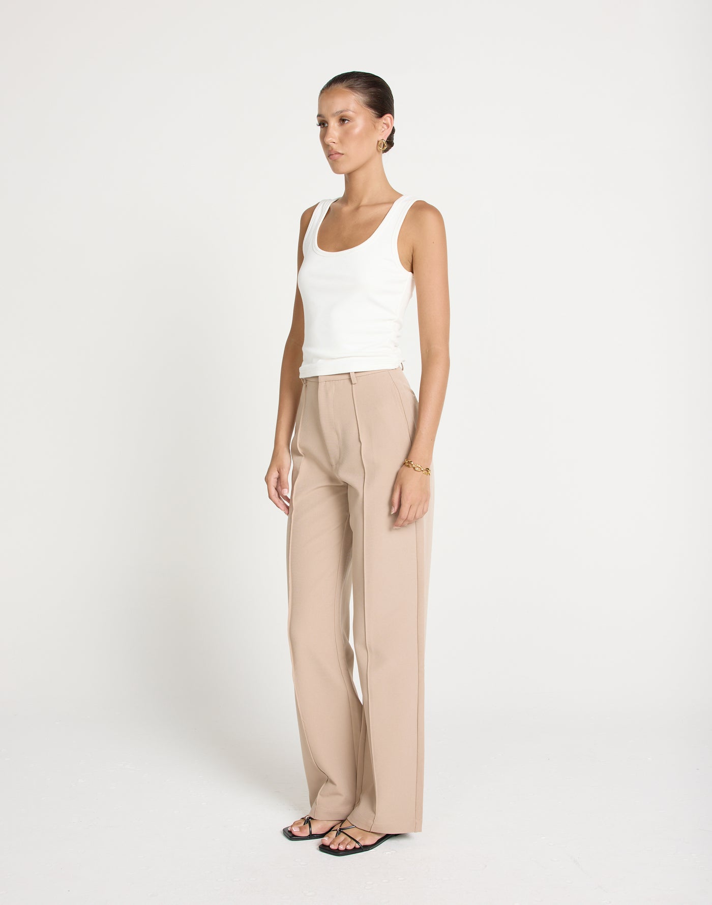 Colden Pants (Beige) - High Waisted Pleat Detail Pants - Women's Pants - Charcoal Clothing