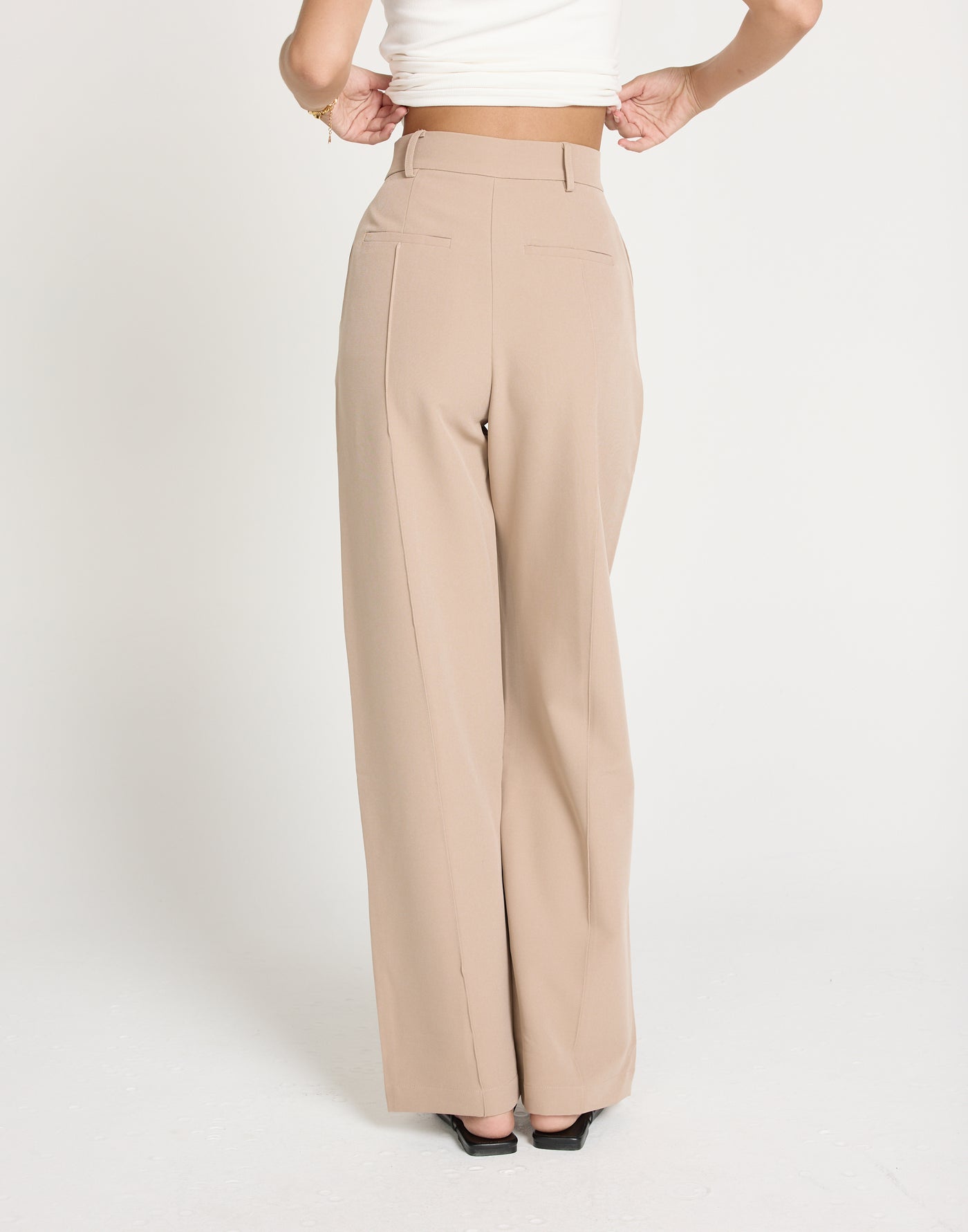 Colden Pants (Beige) - High Waisted Pleat Detail Pants - Women's Pants - Charcoal Clothing