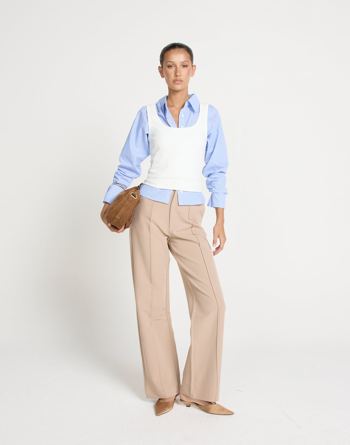 Colden Pants (Beige) - High Waisted Pleat Detail Pants - Women's Pants - Charcoal Clothing