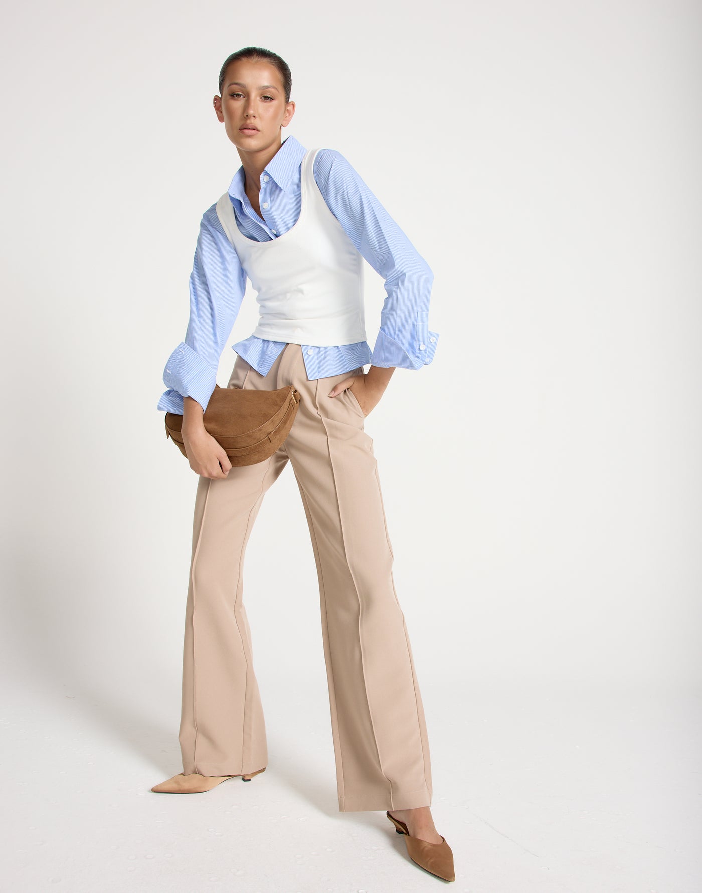 Colden Pants (Beige) - High Waisted Pleat Detail Pants - Women's Pants - Charcoal Clothing