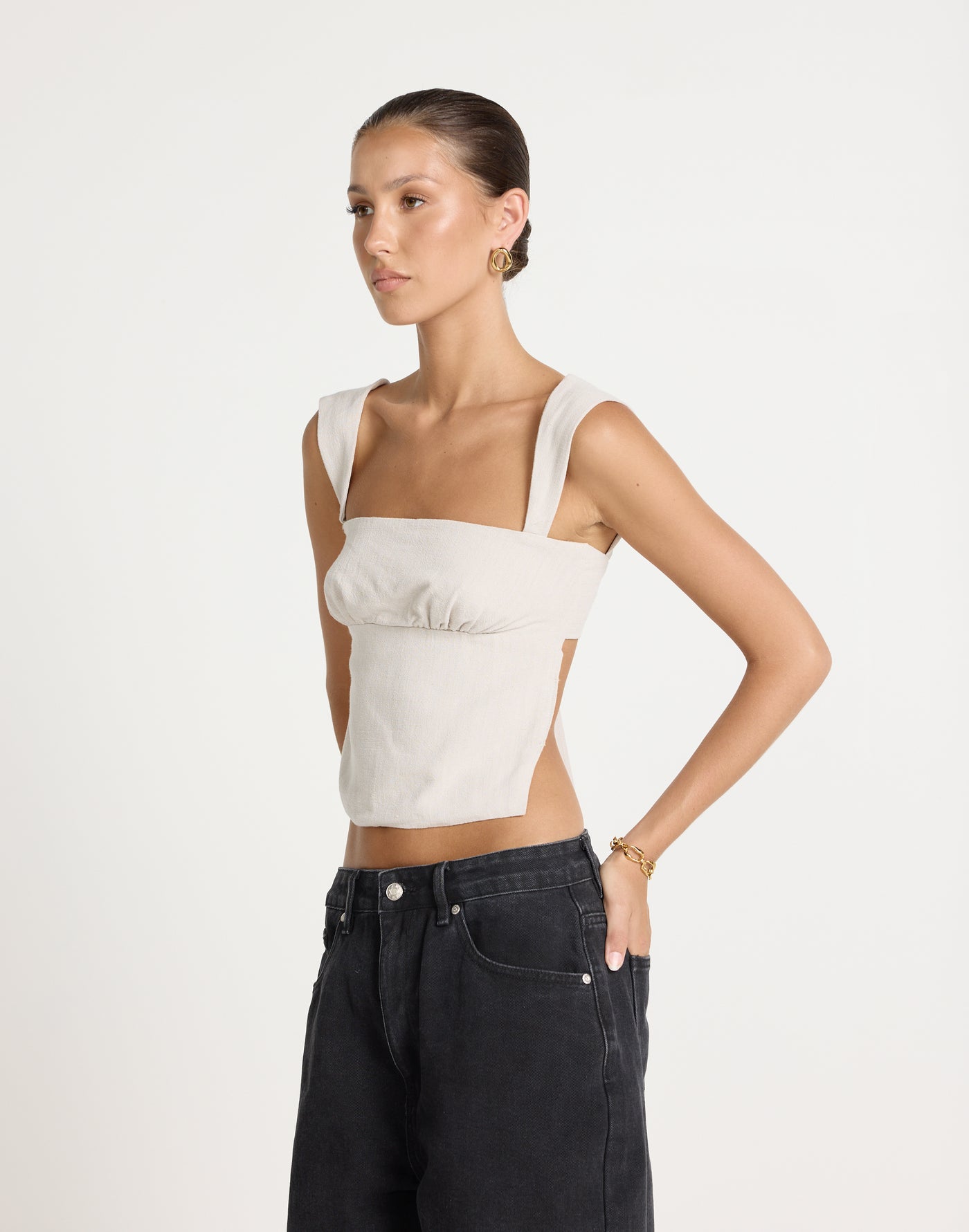 Schaffer Top (Latte) - Linen Tie-Up Open Back Top - Women's Tops - Charcoal Clothing