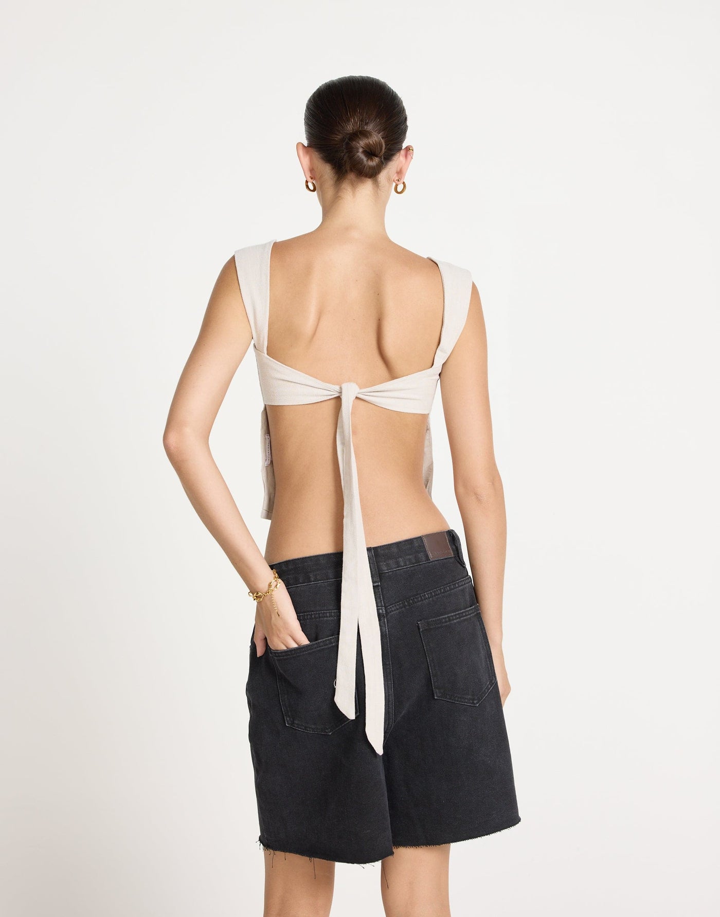 Schaffer Top (Latte) - Linen Tie-Up Open Back Top - Women's Tops - Charcoal Clothing