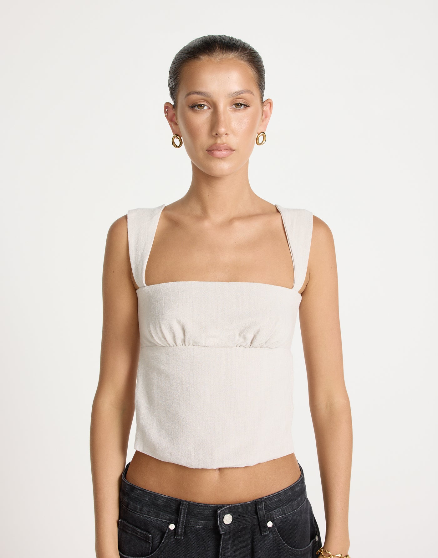 Schaffer Top (Latte) - Linen Tie-Up Open Back Top - Women's Tops - Charcoal Clothing