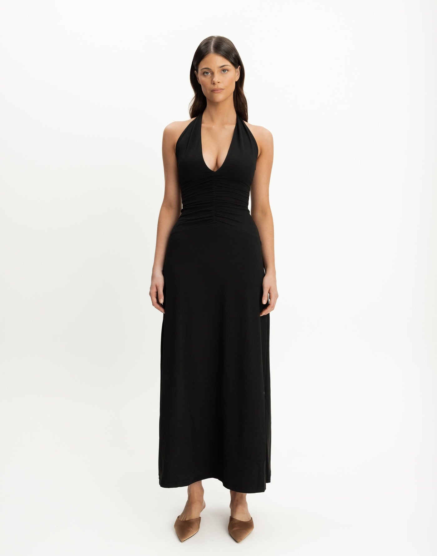 Araminta Maxi Dress (Black) | CHARCOAL Exclusive - V-neckline Ruched Detail Maxi - Women's Dress - Charcoal Clothing