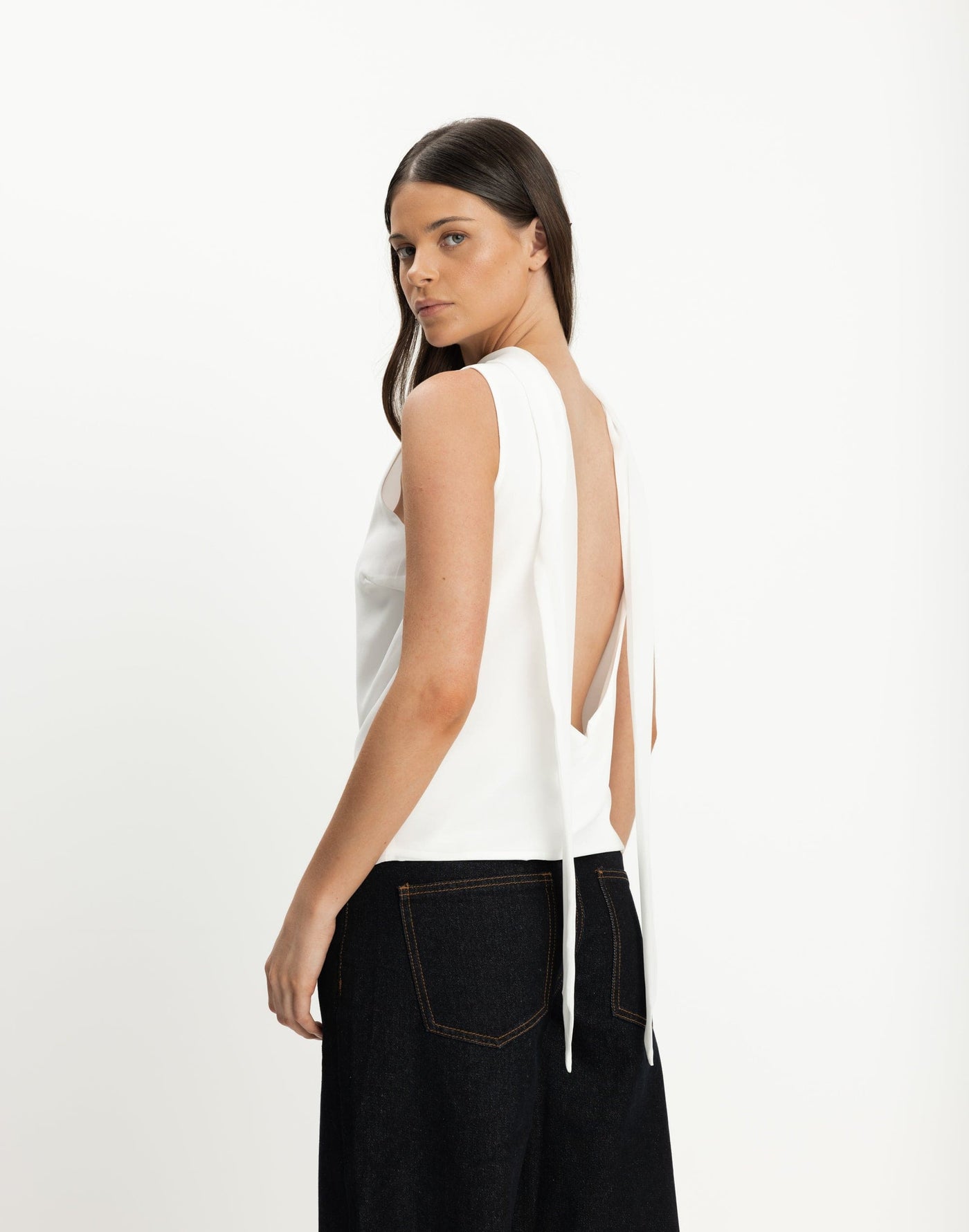 Nikolai Top (White) | CHARCOAL Exclusive - High Neckline Low Back Top with Attached Neck Scarf - Women's Top - Charcoal Clothing