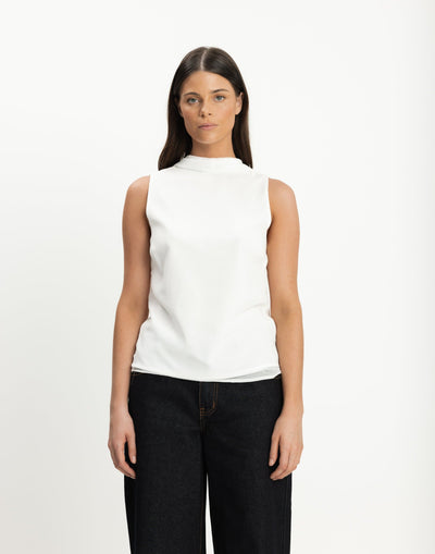 Nikolai Top (White) | CHARCOAL Exclusive - High Neckline Low Back Top with Attached Neck Scarf - Women's Top - Charcoal Clothing