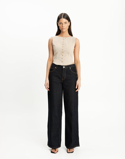 Picnic Top (Latte) | CHARCOAL Exclusive - Round Neckline Centre Front Button Closure Top - Women's Top - Charcoal Clothing