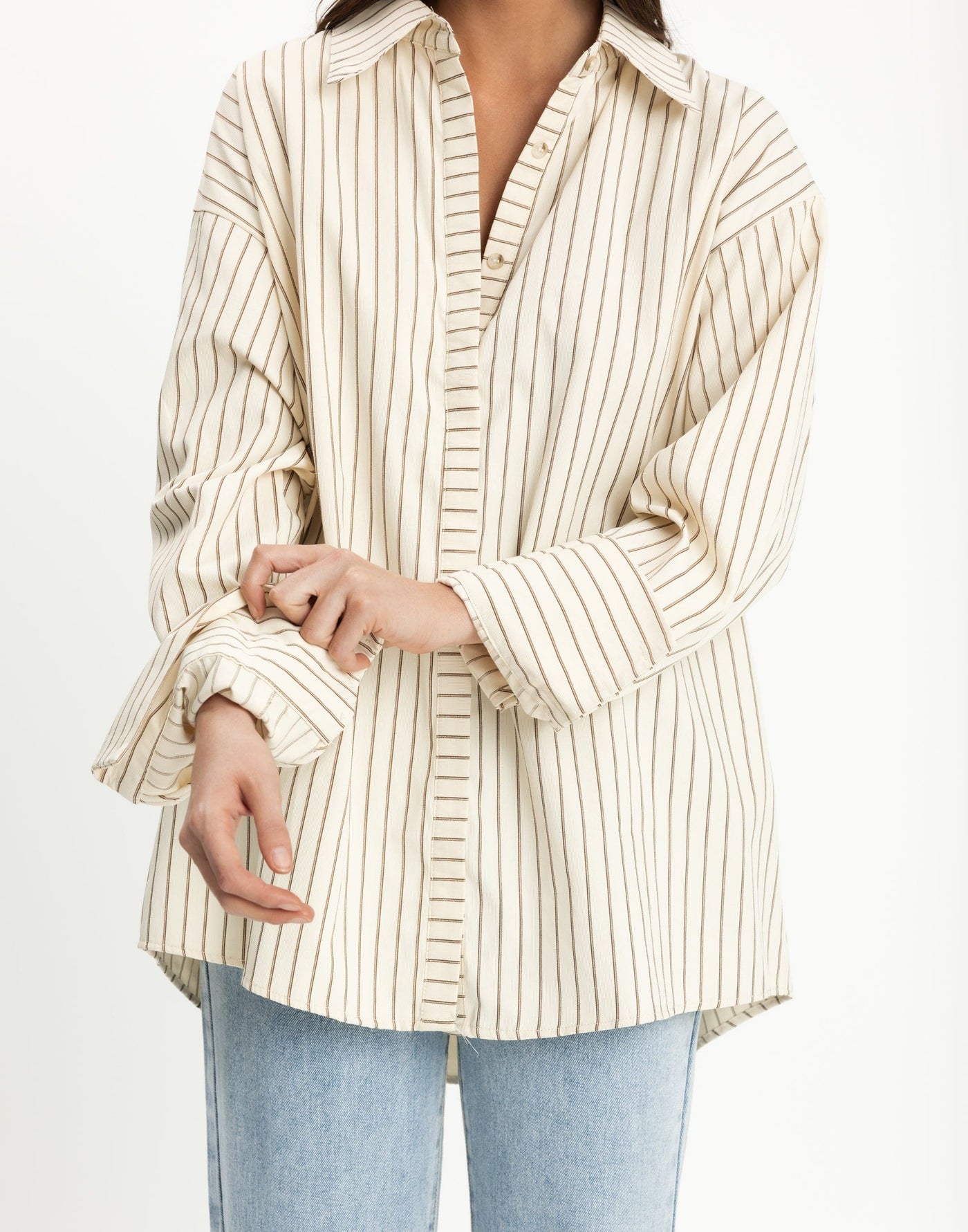 Lena Shirt (Cream Pinstripe) | CHARCOAL Exclusive - Oversized Boyfriend Style Dress Long Sleeve Shirt - Women's Shirt - Charcoal Clothing