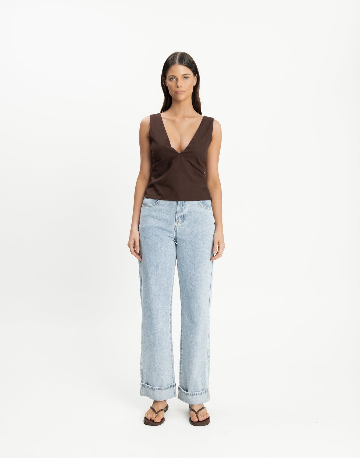 Elio Top (Chocolate) | CHARCOAL Exclusive - V-neckline and Backline Linen Blend Top - Women's Top - Charcoal Clothing