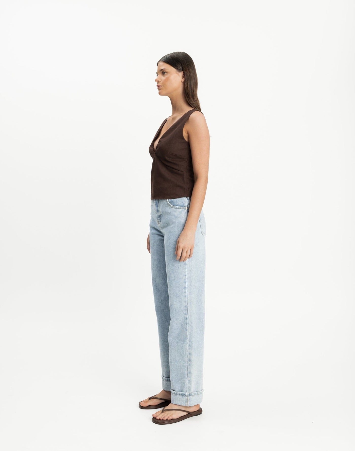 Elio Top (Chocolate) | CHARCOAL Exclusive - V-neckline and Backline Linen Blend Top - Women's Top - Charcoal Clothing