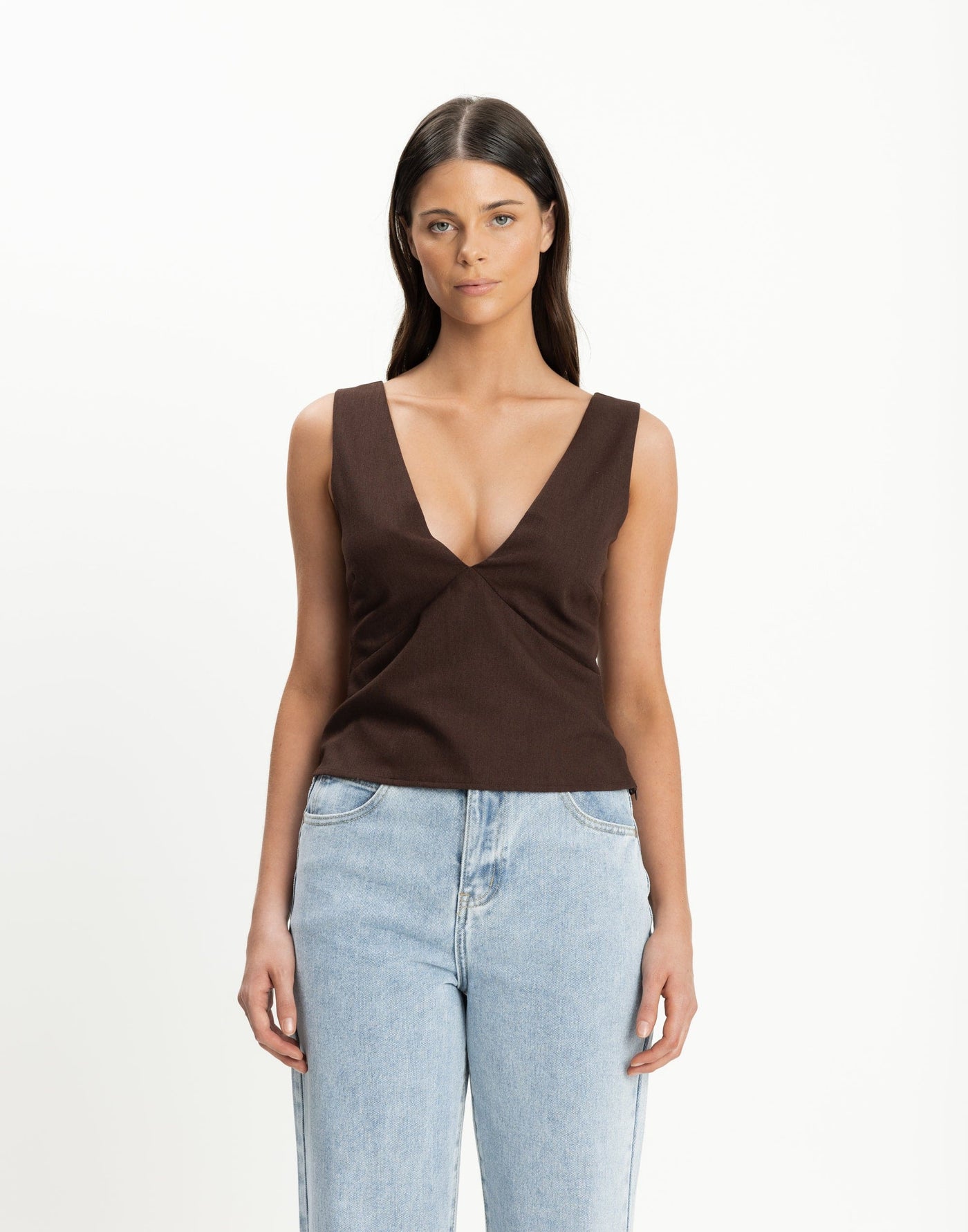 Elio Top (Chocolate) | CHARCOAL Exclusive - V-neckline and Backline Linen Blend Top - Women's Top - Charcoal Clothing