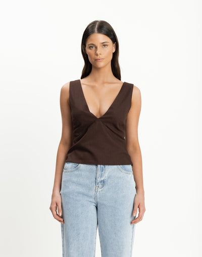 Elio Top (Chocolate) | CHARCOAL Exclusive - V-neckline and Backline Linen Blend Top - Women's Top - Charcoal Clothing