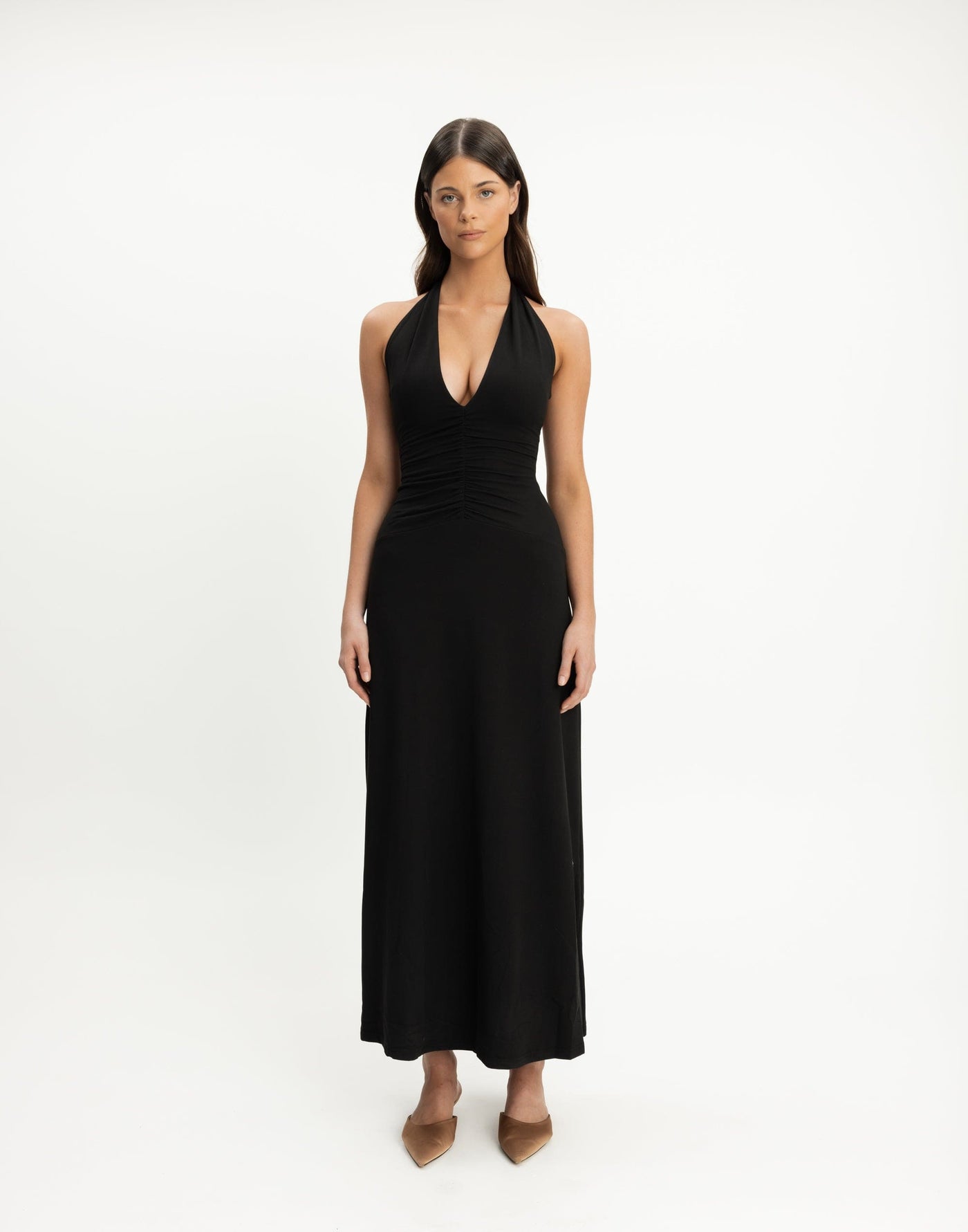 Araminta Maxi Dress (Black) | CHARCOAL Exclusive - V-neckline Ruched Detail Maxi - Women's Dress - Charcoal Clothing