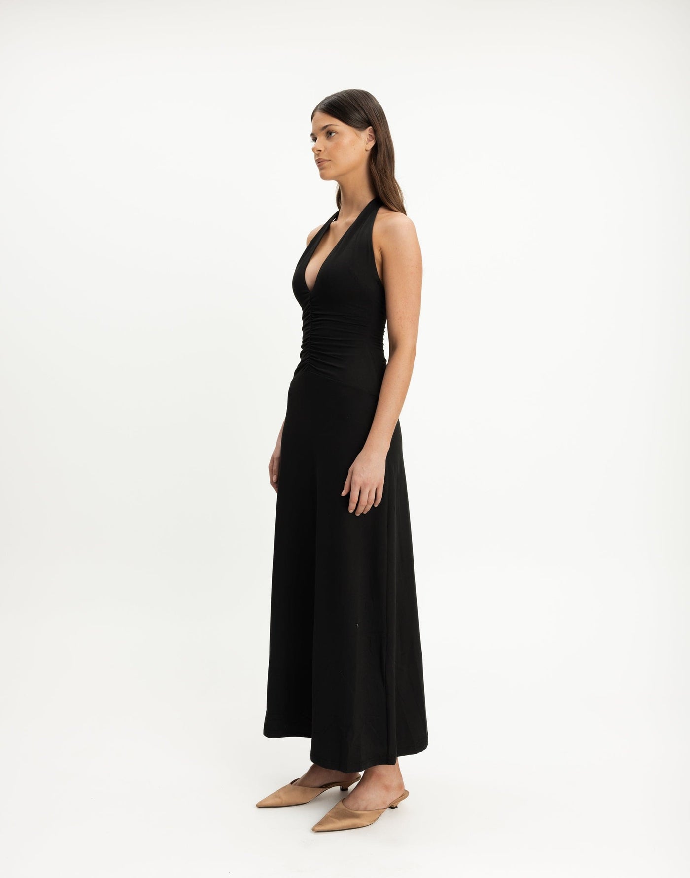 Araminta Maxi Dress (Black) | CHARCOAL Exclusive - V-neckline Ruched Detail Maxi - Women's Dress - Charcoal Clothing