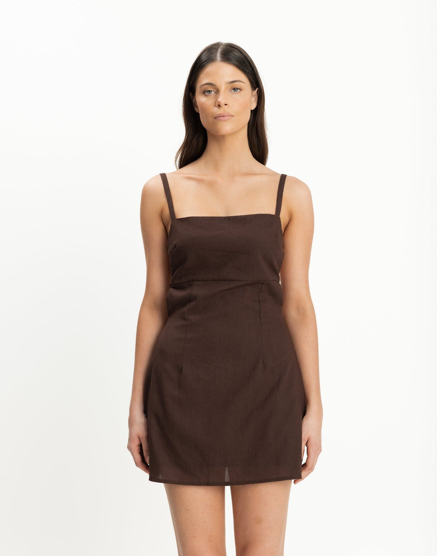 Paradise Mini Dress (Chocolate) | CHARCOAL Exclusive - Backless Adjustable Straight Neckline Mini Dress - Women's Dress - Charcoal Clothing