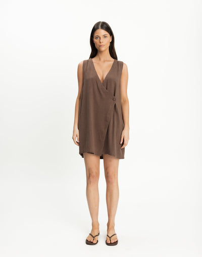 Rhianna Mini Dress (Cocoa) - Wrap Style V-neckline Mini - Women's Dress - Charcoal Clothing