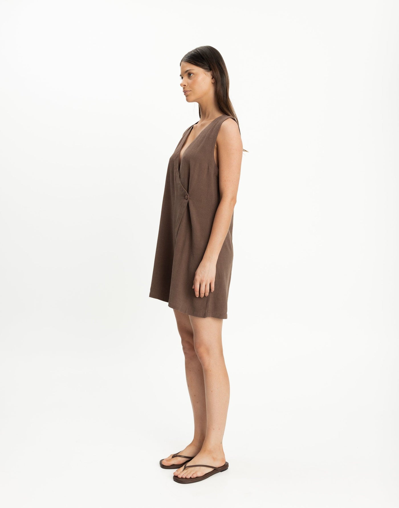 Rhianna Mini Dress (Cocoa) - Wrap Style V-neckline Mini - Women's Dress - Charcoal Clothing