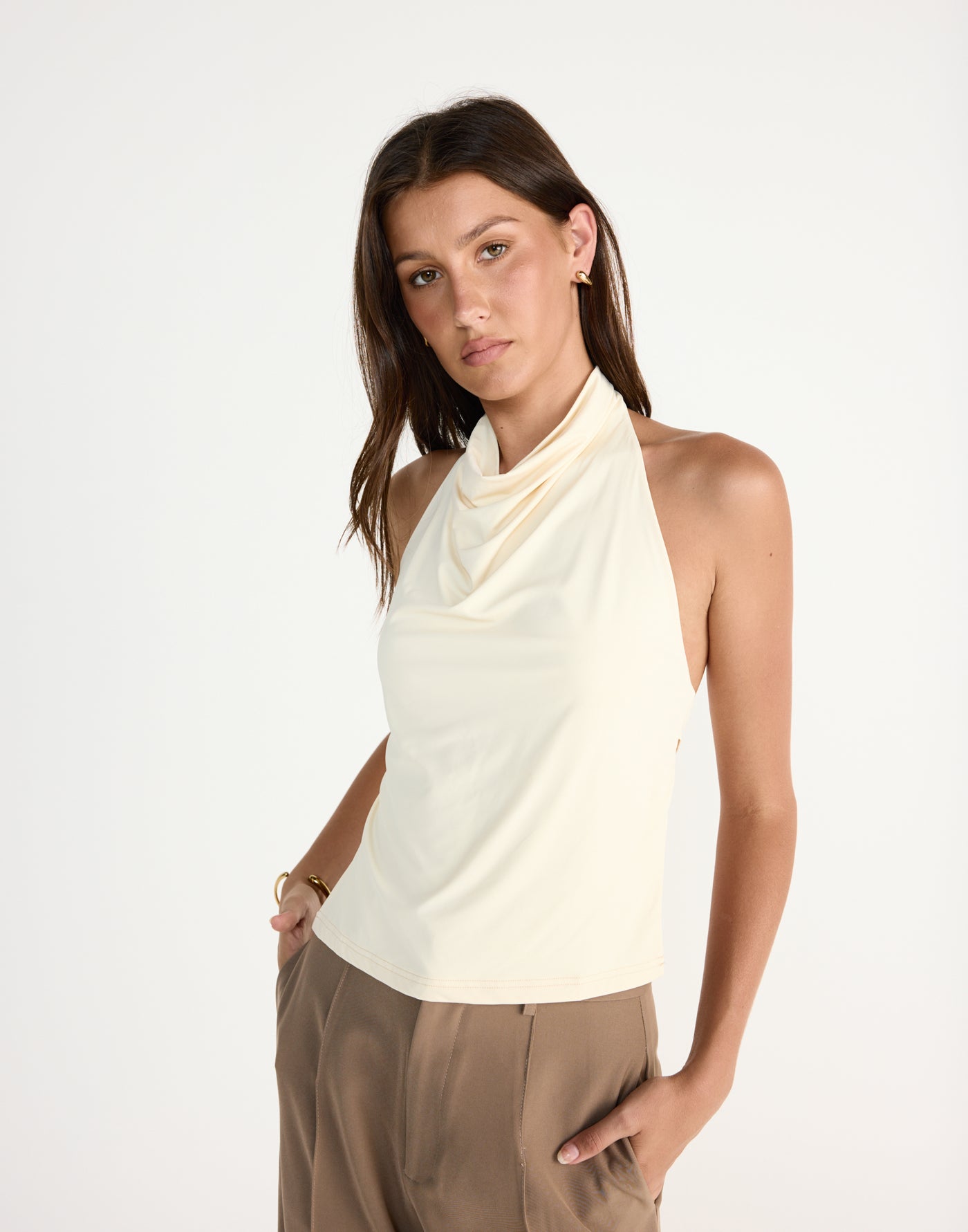Tansie Top (Cream) | CHARCOAL Exclusive - Highneck cowl neck top with open back - Women's Top - Charcoal Clothing