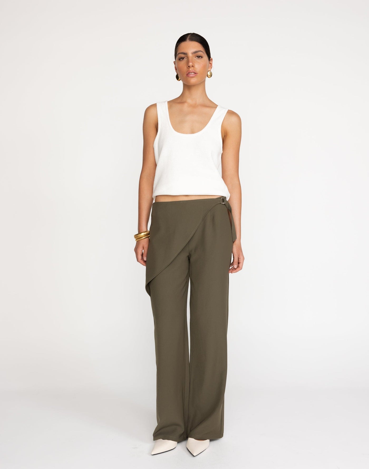 Maira Pants (Olive) | CHARCOAL Exclusive - Front Additional Panel Mid to High Rise Pants - Women's Pants - Charcoal Clothing