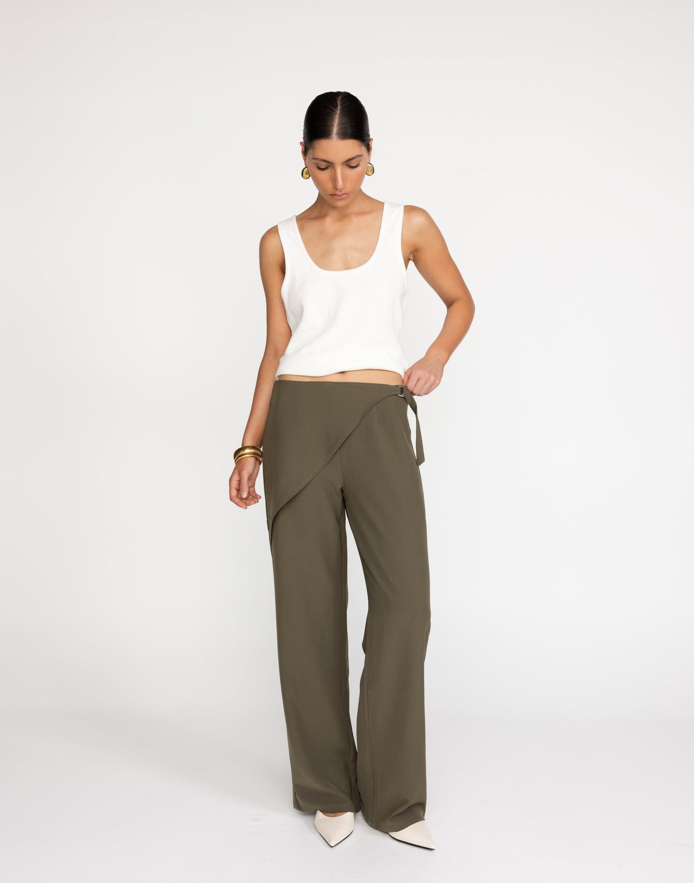 Maira Pants (Olive) | CHARCOAL Exclusive - Front Additional Panel Mid to High Rise Pants - Women's Pants - Charcoal Clothing