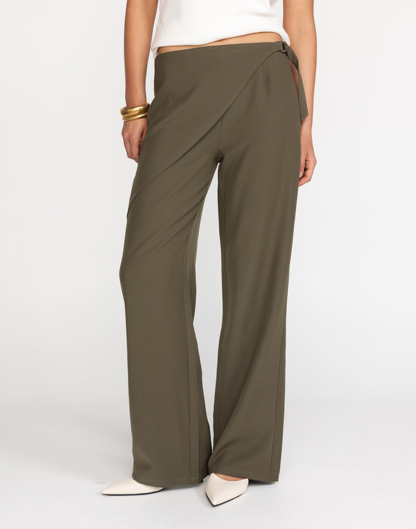 Maira Pants (Olive) | CHARCOAL Exclusive - Front Additional Panel Mid to High Rise Pants - Women's Pants - Charcoal Clothing