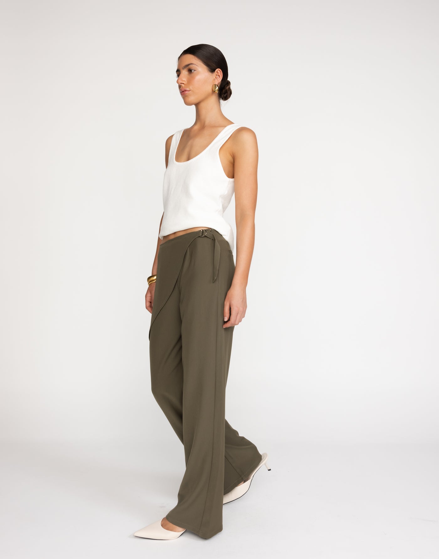 Maira Pants (Olive) | CHARCOAL Exclusive - Front Additional Panel Mid to High Rise Pants - Women's Pants - Charcoal Clothing