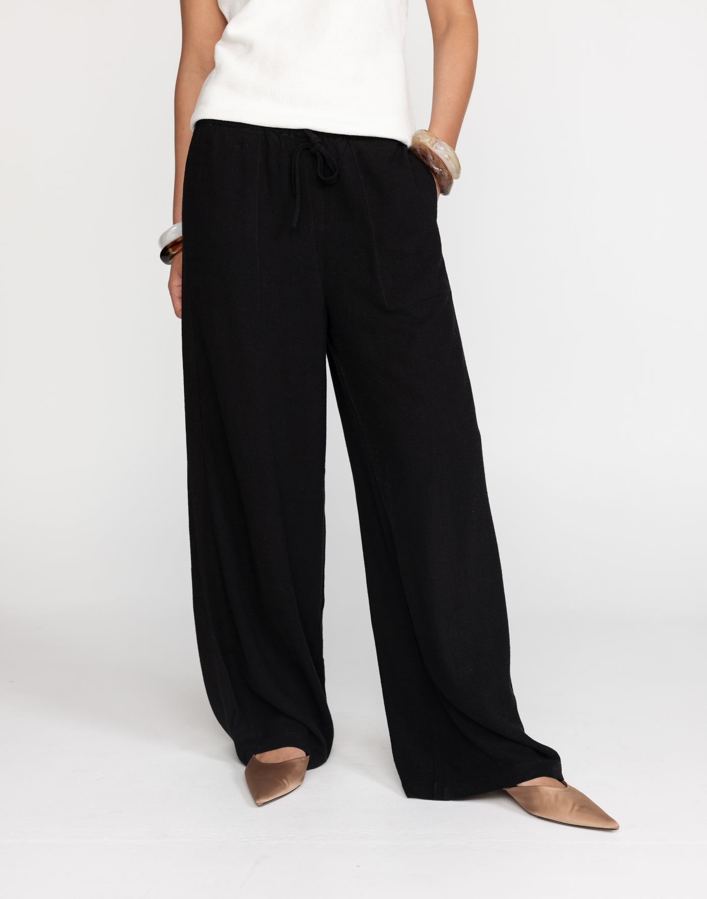 Amee Linen Pants (Black) - Adjustable Waist Tie Linen Pants - Women's Pants - Charcoal Clothing