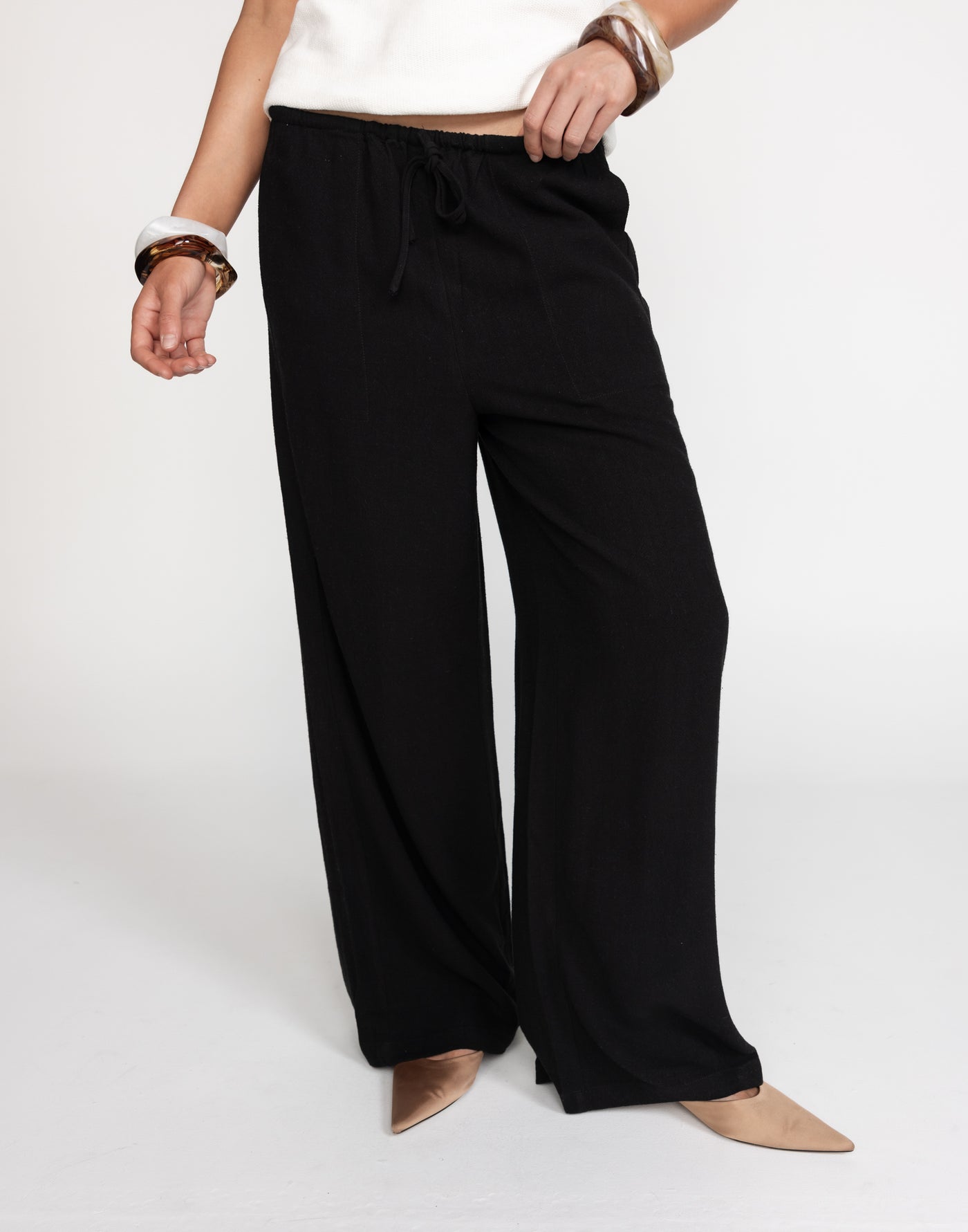 Amee Linen Pants (Black) - Adjustable Waist Tie Linen Pants - Women's Pants - Charcoal Clothing