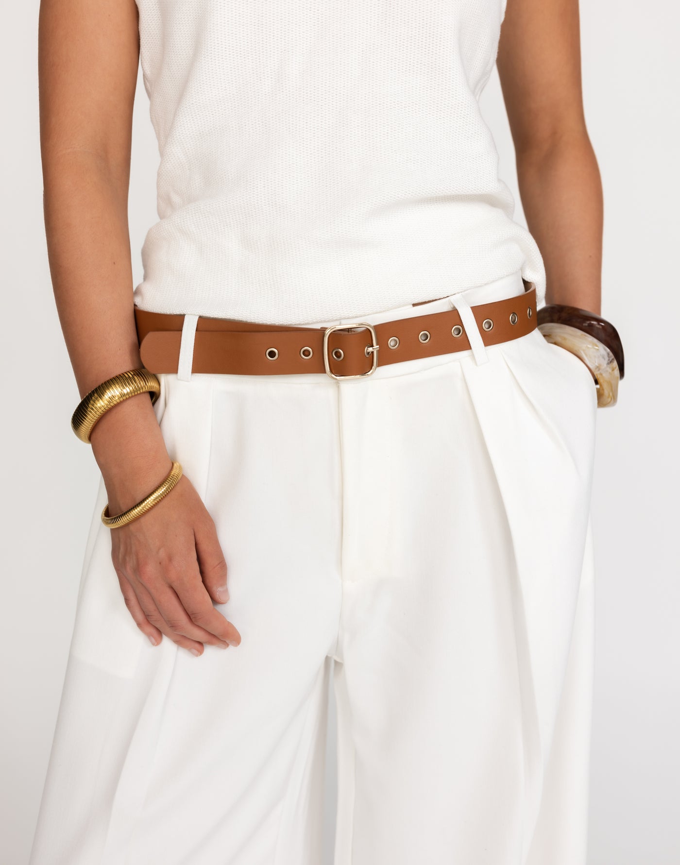 Archer Belt (Camel) - Faux Leather Gold Detailed Belt - Women's Accessories - Charcoal Clothing