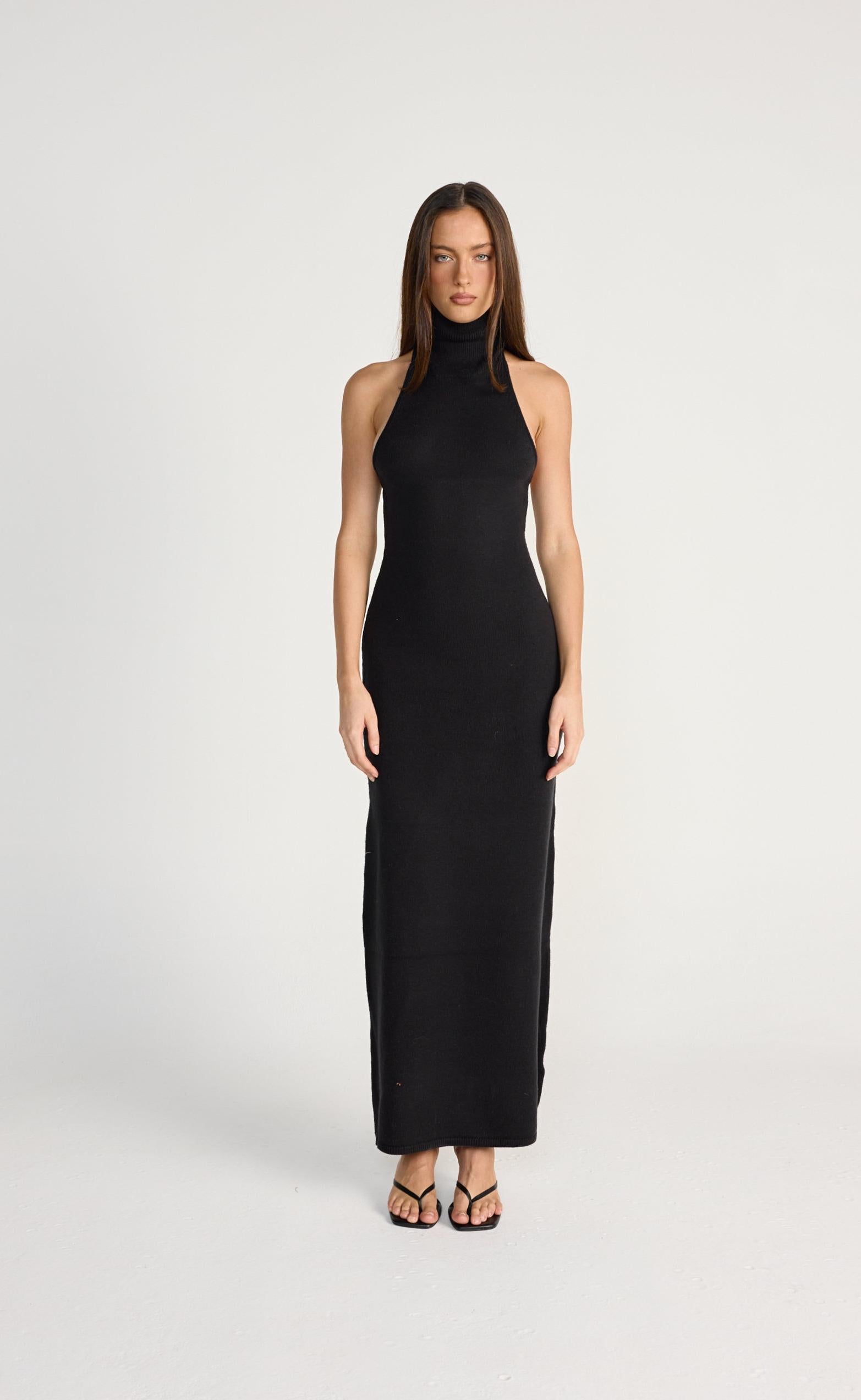 Dianelle | Black High-Neck Maxi Dress With Cape-Sleeves
