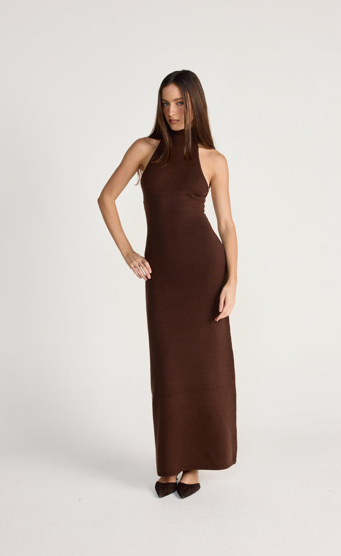 Linette Halterneck Draped Sash Maxi Dress Chocolate
