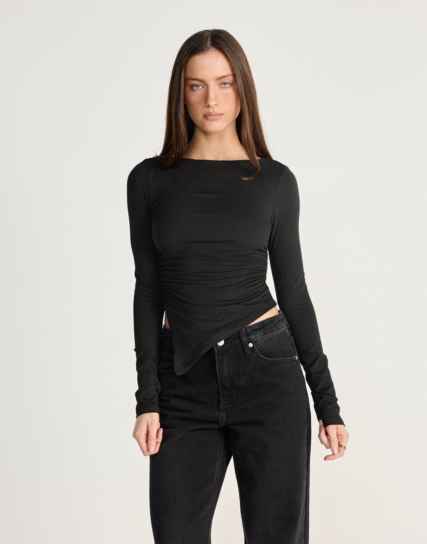 Harvest Long Sleeve Top (Black) - CHARCOAL EXCLUSIVE - Long sleeve top with asymmetrical hemline - Women's Top - Charcoal Clothing