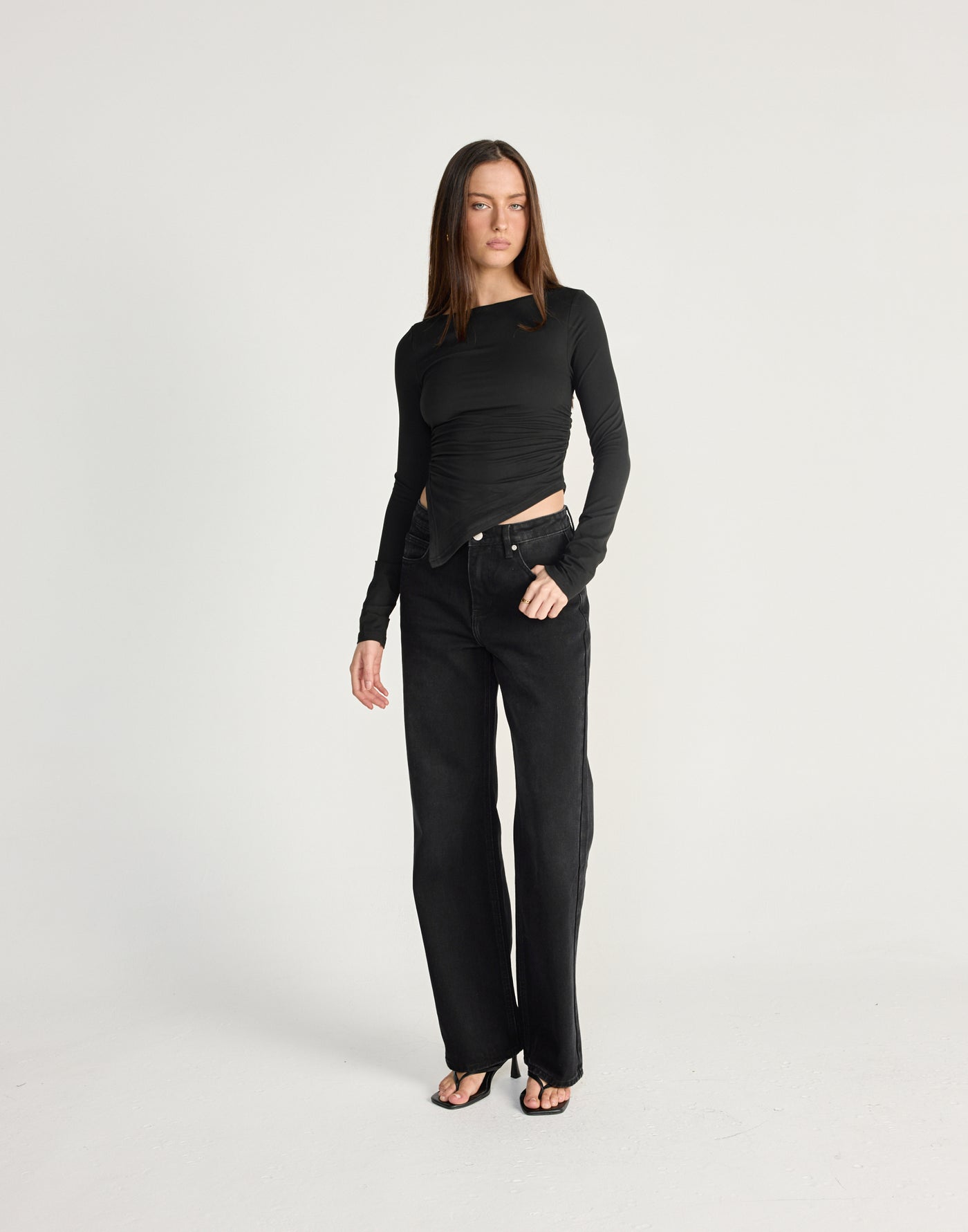 Harvest Long Sleeve Top (Black) - CHARCOAL EXCLUSIVE - Long sleeve top with asymmetrical hemline - Women's Top - Charcoal Clothing